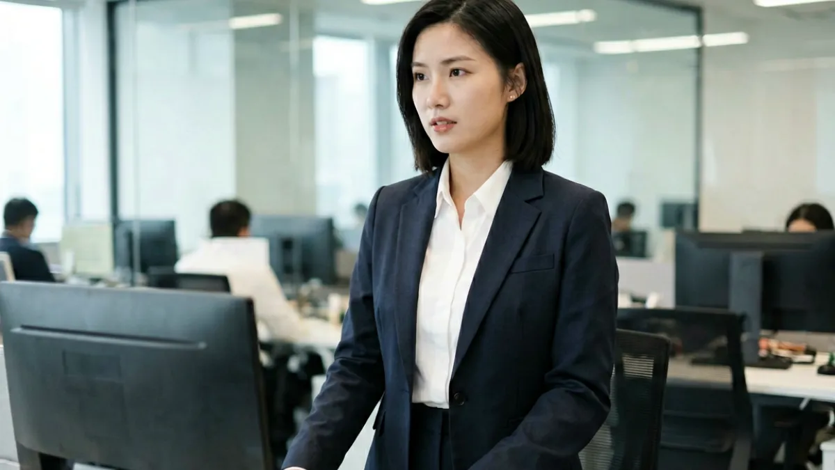 麻豆视频职场题材作品画面，女主角在办公室环境中展现职场情境