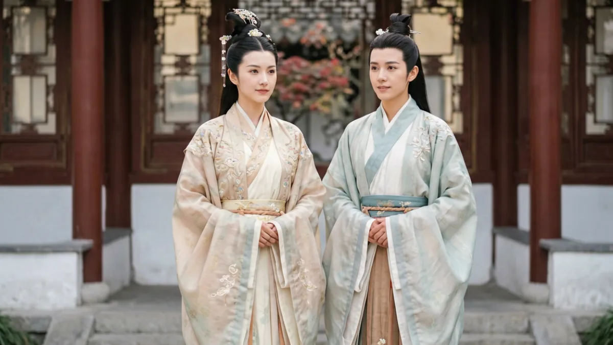 麻豆视频古装题材作品场景，演员身着汉服在仿古场景中对视